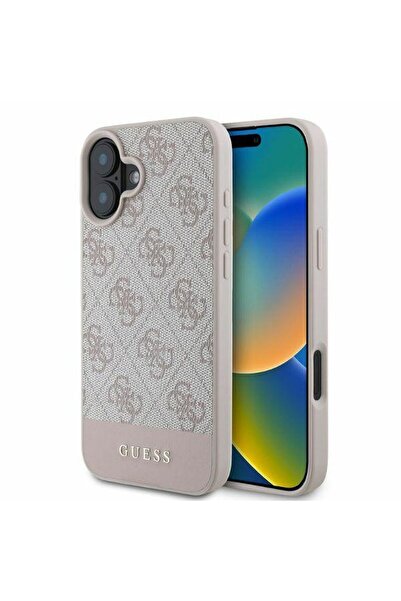 REDz Accessories Carcasă Guess pentru iPhone 16, model, dungi inferioare din PU 4G, alb/roz