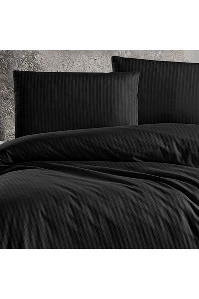 Story home Textile Set de lenjerie de pat dublă Story Home 100% bumbac satinat 210 TC 4 piese husă pilotă 200x220 cm dungi negru