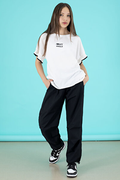 Cansın Mini Black Written Oversize T-Shirt with Parachute Pants Suit for Girls 20293