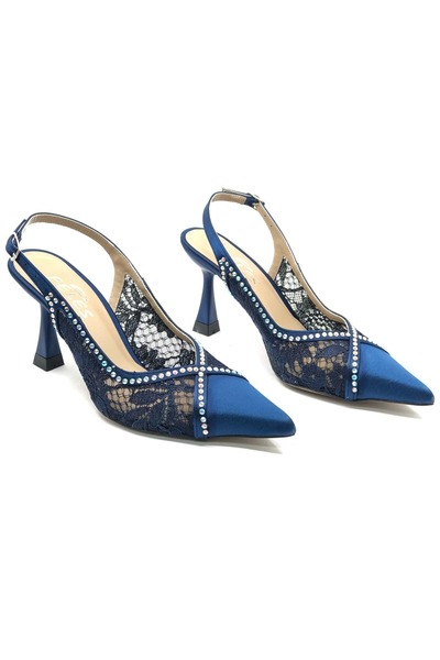 KOCAMANLAR Feles Сатеневе мереживо з каменями, відкрита п'ята, жіночі туфлі на підборах, темно-сині