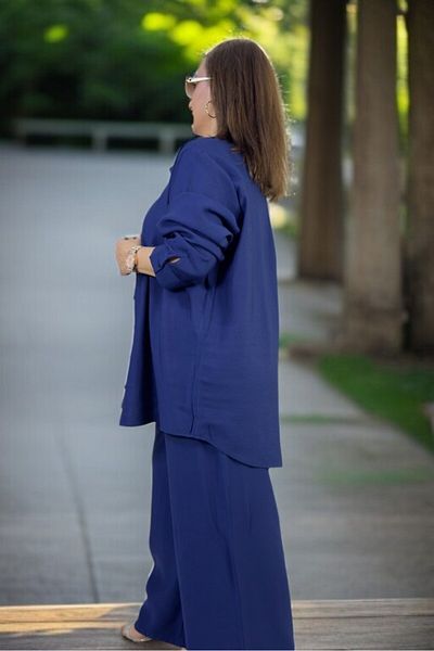 yagmurberen Front Buttoned Tunic Shirt Waist Elastic Pants Large Size Cotton Tnsel Fabric Double Set