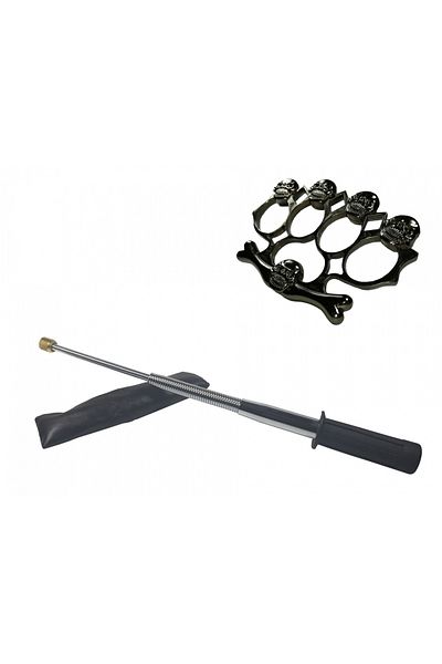 Depox Set bastoane telescopice argintii flexibile, maner din cauciuc, 47 cm si cutie, rozeta neagra a craniului