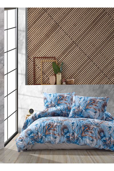 Story home Textile Set de lenjerie de pat dublă Story Home 100% bumbac Ranforce 144TC, husă pilotă 4 piese 200x220cm Albastru Helsinki