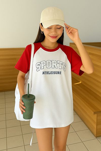 VBSVİBES Sports Athleisure White Body Red Sleeve T-Shirt - Oversize Crew Neck T-Shirt