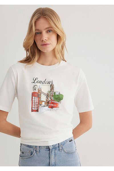 Mavi London bedrucktes weißes T-Shirt mit normaler Passform / normaler Passform 1613057 -70057
