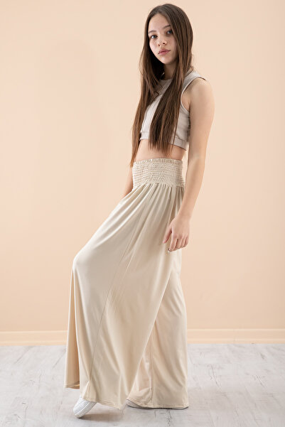 Cansın Mini Beige Corduroy Cropped Girl's Wide Cut Trousers Suit 20382