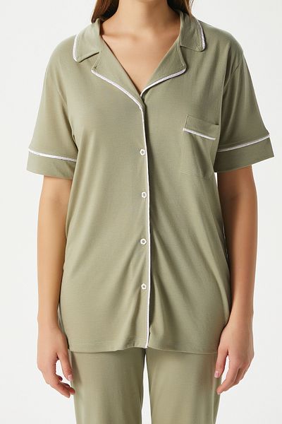Ritnice Women's Vanessa Viscose Front Buttoned Short Sleeve Bias Khaki Bottom Top Pajama Set