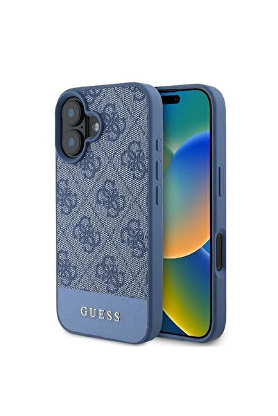 REDz Accessories Carcasă Guess pentru iPhone 16, model, dungi inferioare din PU 4G, albastră