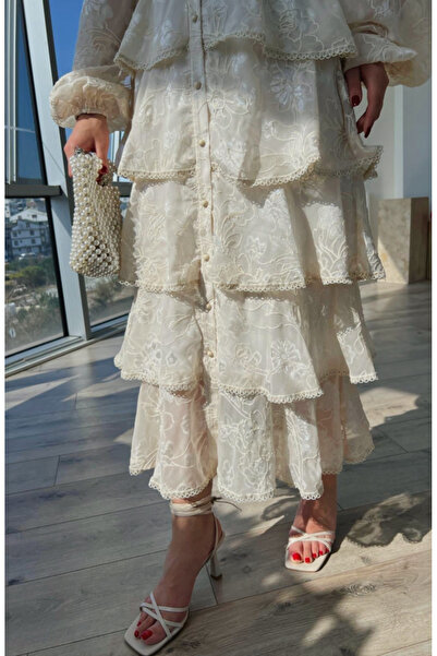 BRTC design Women's Cream Ruffled Floral Print Stripe Detailed Embroidery Layered Dress