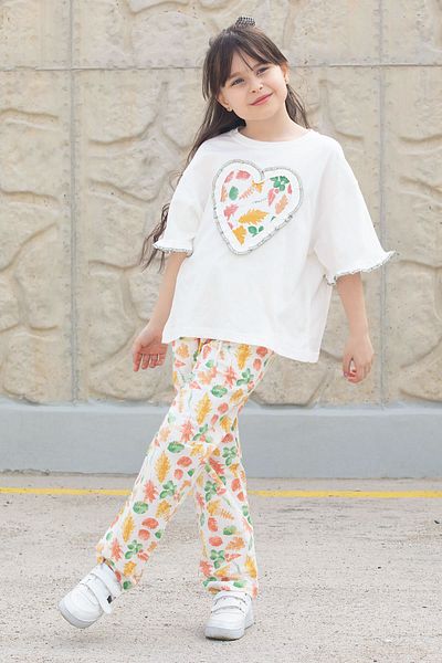 Cansın Mini Ecru Leaf Patterned Trousers Oversize T-Shirt Girl Set 20228