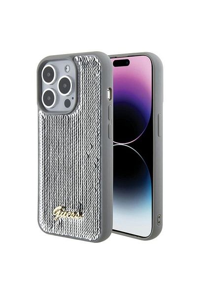 REDz Accessories Carcasă Guess pentru iPhone 15 Pro, Colecția Sequin Script Metal, Argintie