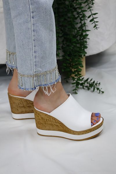 asmi shoes Women's White Padded Cork Sole Stripe Wrapped 10 cm Heeled Slippers