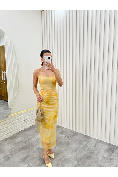 Gaus Sarı Çiçek Baskılı Astarlı Ayarlanabilir Askılı Tül Elbise Gaus00291