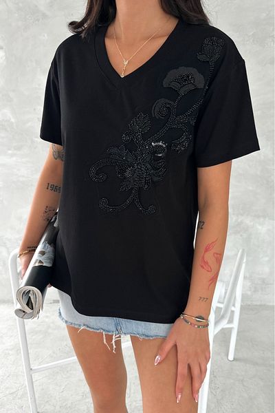 FEMELLE Tricou de damă negru cu decolteu în V cu paiete și broderie 100% bumbac
