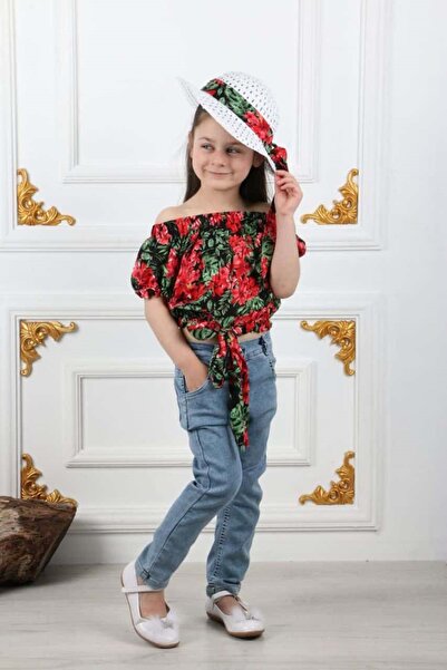 s.t. sebat tekstil Devojčice: farmerke, šešir, set bluza CRVENI