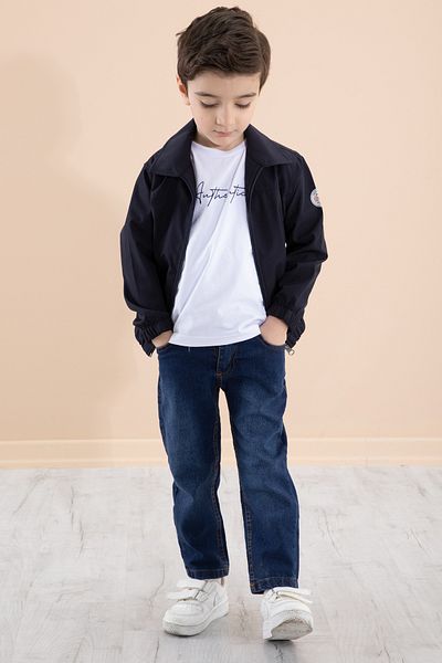 Cansın Mini Boy's Navy Blue Back Printed Zippered Jacket and Trousers 3 Piece Set 20279