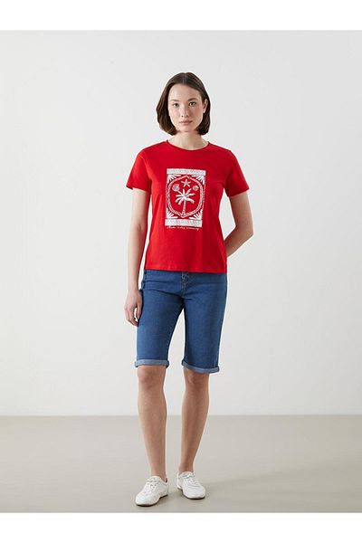 LC Waikiki Red Crew-Neck Printed Women's T-Shirt