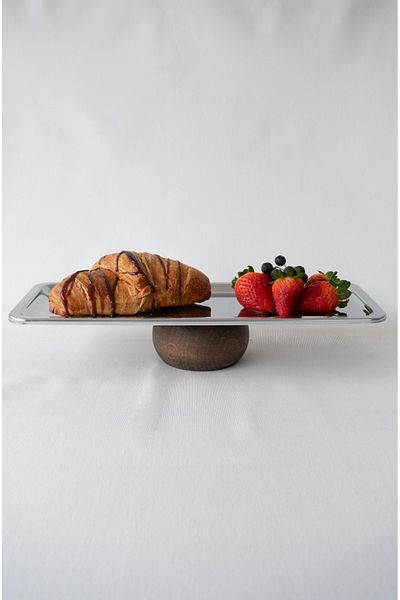 Beige & Stone Steel Metal Service Presentation Plate with Wooden Legs - 33 cm