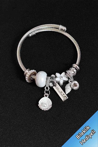 TREND COLLECTİON Women's Silver Seashell Oyster Model Tarnish Stainless Steel Charm Bracelet