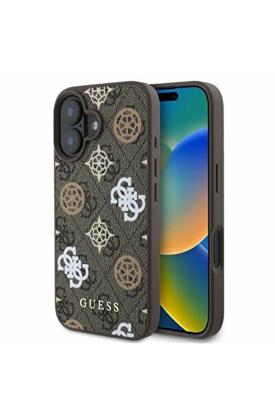 REDz Accessories Carcasă Guess pentru iPhone 16, Model, PU Bujor pe fundal 4G, Compatibilă cu Magsafe, Maro