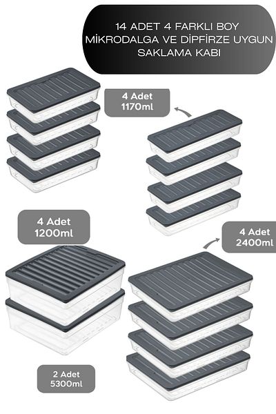 AKTURK HOME 14-Piece Storage Container, Microwave Compatible Food Storage Container 4X2400 Ml- 2X5300 Ml- 4X1170 Ml- 4X1200 ml