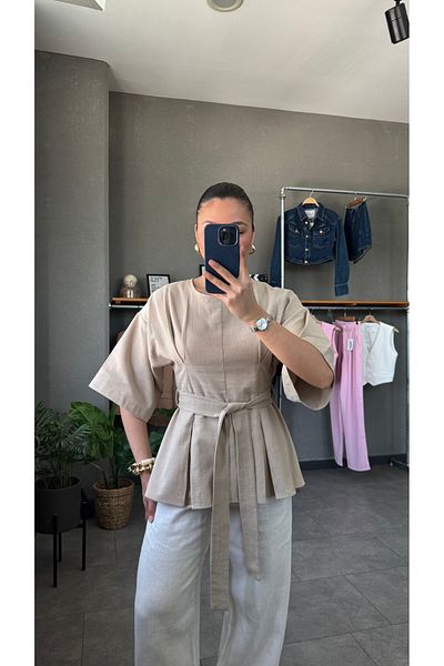 YOUR NAME Oversize Belted Ecru Linen Blouse