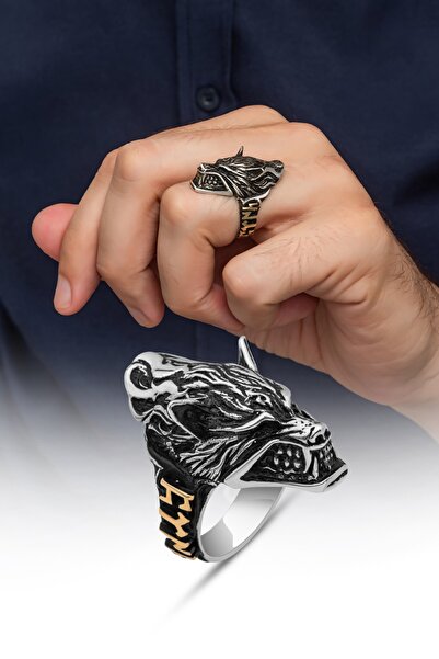 ALYANSEVİM Kabartma Göktürkçe TÜRK yazılı Kurt Başı 925 Gümüş Yüzük