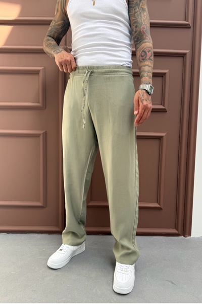 MADZEYMODA Men's Baggy Loose Fit Double Fabric Elastic Waist Khaki Green Jogger Pants Ke-7000