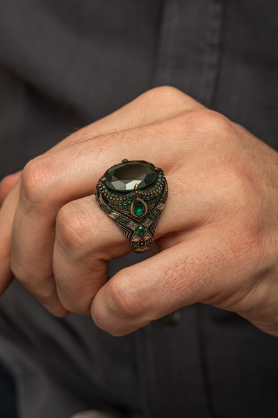 ALYANSEVİM Oval Yeşil Taşlı 925 Gümüş Erkek Yüzük