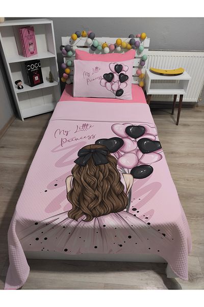 yok yok evim eve dair her şey 4 Piece Balloon Girl Patterned Elastic Sheet Single Pique Bed Cover Set