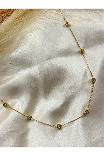 Onsiletişim LOTUSBYBUKET çelik gold küp şekil detay taşlı zincir kolye