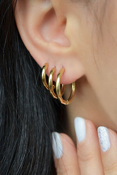 TREND COLLECTİON Kadın Gold Klasik Halka Paslanmaz Çelik Küpe Set (6 adet)