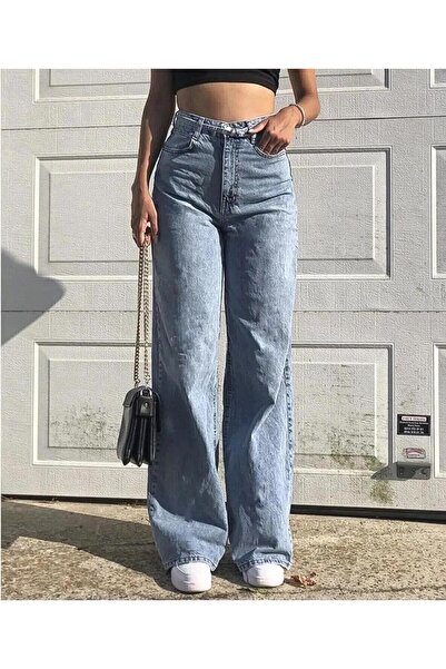 Bigowl Kadın Yüksek Bel Kar Yıkama Mavi Jeans Salaş Mavi Pantolon Palazzo Julia