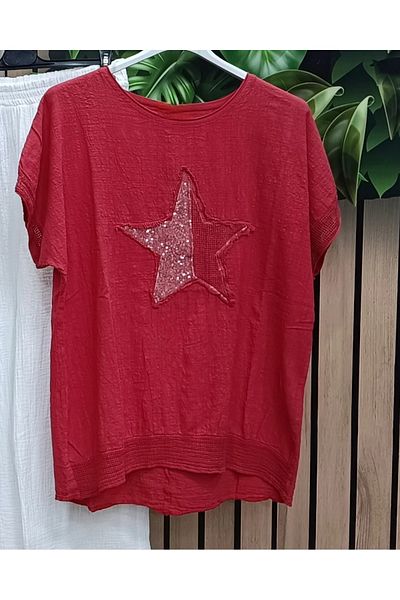 Rosidam Star Embroidered Sleeve Mesh Detailed Linen Short Sleeve T-Shirt