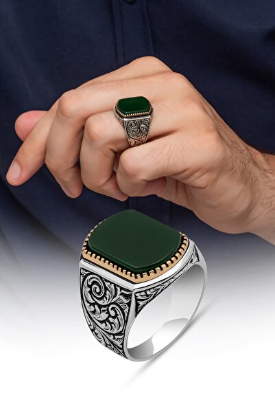 ALYANSEVİM Yeşil Akik Taşlı Oyma Motif 925 Gümüş Erkek Yüzük