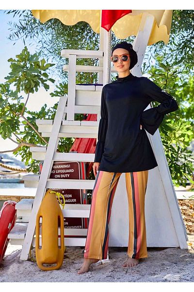Mayovera Tan Striped Covered Swimsuit Single Trousers
