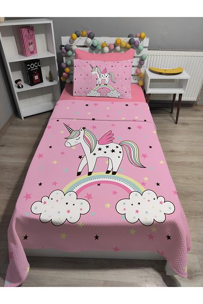 yok yok evim eve dair her şey 4 Piece Unicorn Patterned Single Pique Bedspread Set with Elastic Sheets