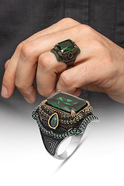 ALYANSEVİM Yeşil Taşlı Dikdörtgen Tasarım 925 Gümüş Yüzük