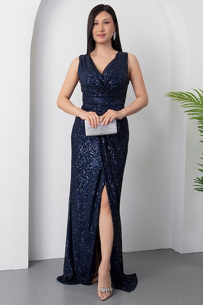PULLIMM Double Breasted Neckline Slit Pulpayet Dress Ap-3009