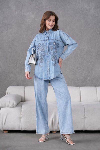 Miss Allos Women's Front Embroidered Stone Detailed Denim Shirt and Jeans Bottom Top Set