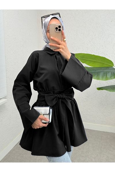 Modamorfo Half Buttoned Tunic with Tie Waist and Side Zipper - Black