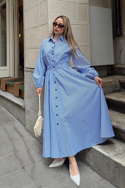Olcay Rochie din popelin cu buzunar la piept cu talie elastică ALBASTRU-ALB 9286-E
