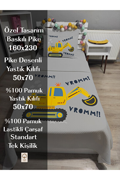 yok yok evim eve dair her şey 4 Piece Scoop Workmen Single Pique Bedspread Set with Patterned Elastic Sheets