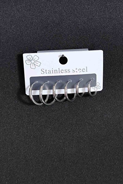 TREND COLLECTİON Unisex Gümüş Klasik Halka Paslanmaz Çelik Küpe Set (6 adet)