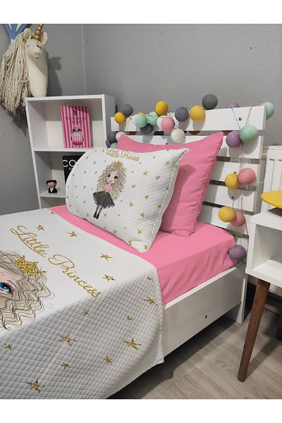 yok yok evim eve dair her şey 4 Piece Little Pirencess Patterned Single Pique Bedspread Set with Elastic Sheets