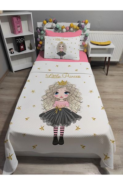 yok yok evim eve dair her şey 4 Piece Little Pirencess Patterned Single Pique Bedspread Set with Elastic Sheets