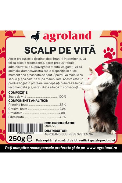 Agroland Recompense pentru caini, scalp de vita, 250g