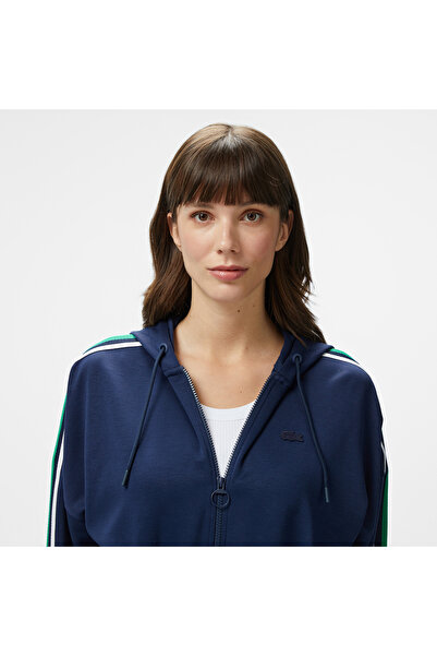 Lacoste Kadın Crop Fit Fermuarlı Renk Bloklu Lacivert Sweatshirt