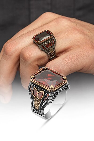 ALYANSEVİM Kırmızı Taşlı 925 Gümüş Erkek Yüzük