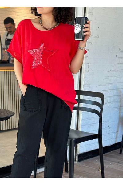 Rosidam Star Embroidered Sleeve Mesh Detailed Linen Short Sleeve T-Shirt